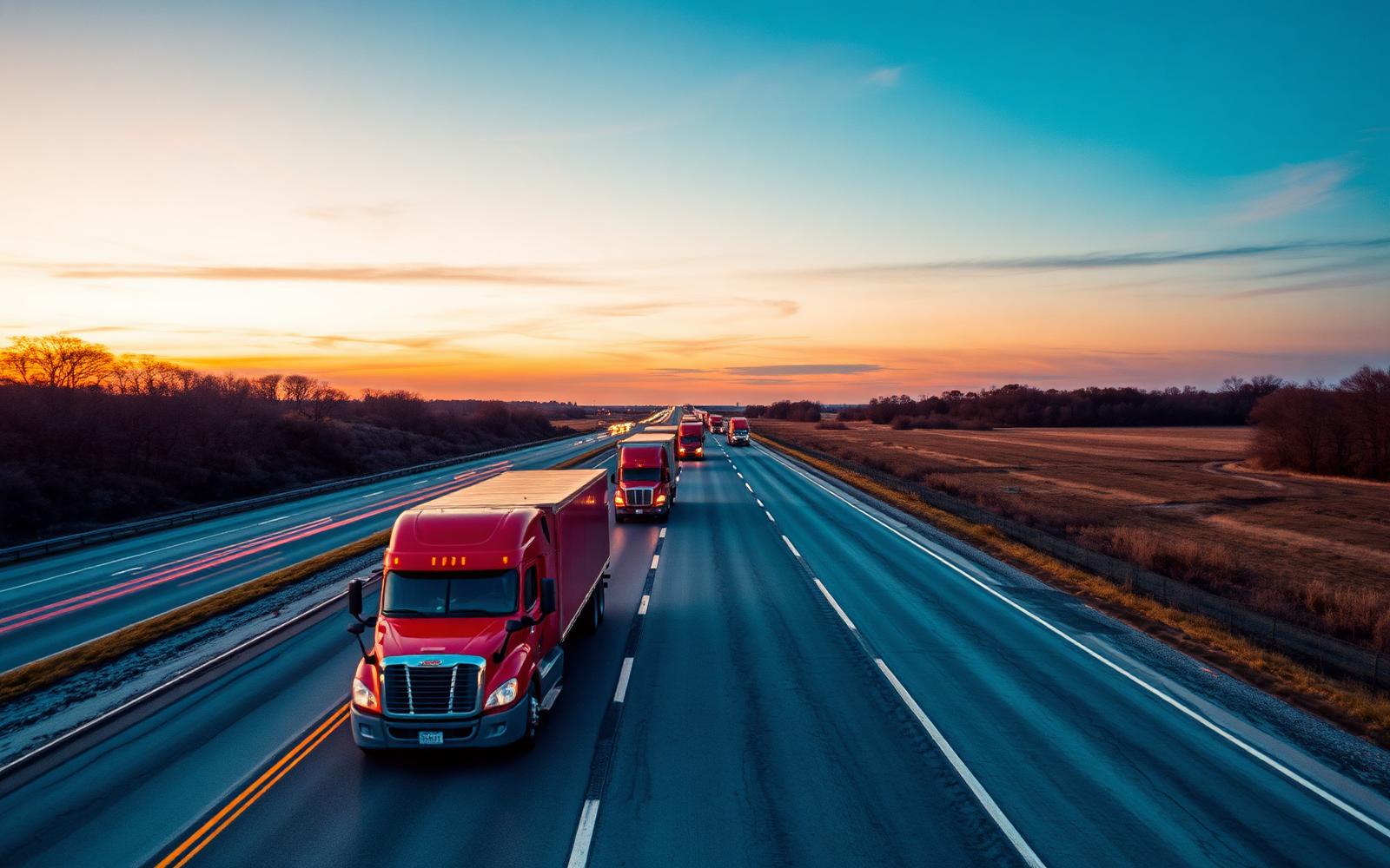 American semi trucks in convoy at dusk