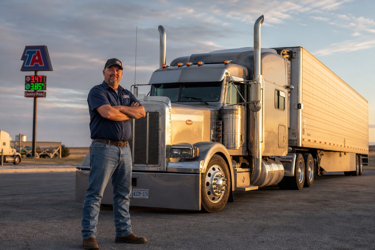 American truck driver at the wheel